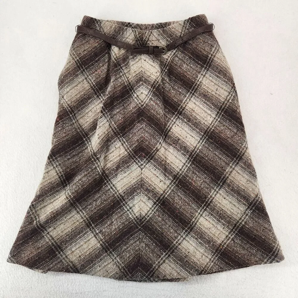 Vintage Skirt 80s Plaid Wool Tweed A-Line Preppy Dark Academia Retro Classic 12 - Picture 2 of 11